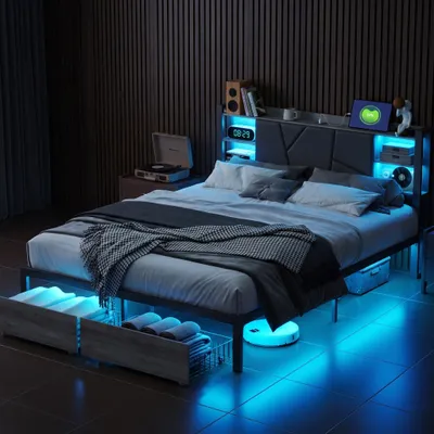 Produktbild von INONEFT Metallbett Polsterbett 140x200 cm mit USB, Doppelbett mit Lattenrost und stauraum, Bett mit 2 Schubladen, Stauraumbett mit LED,PU, Schwarz