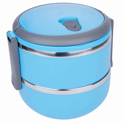 Produktbild von Zweistöckige Lunchbox rund aus Edelstahl blau/weiß sortiert