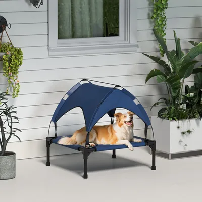 Image de Lit pour chien respirant, idéal pour l'extérieur, avec toit, pour petits chiens. Tissu Oxford, structure en acier. Couleur : bleu. Pliable. Capacité : jusqu'à 20 kg. Dimensions : 76 x 61 x 69,5 cm