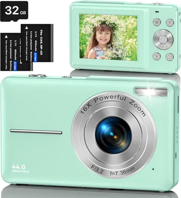 Produktbild von Digitalkamera, 44MP 1080P HD Fotokamera mit 32GB Karte, Kompaktkamera 16X Digitalzoom mit 2 Wiederaufladbare Batterien