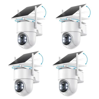 Four identical white solar-powered security cameras are displayed against a white background, arranged in a 2x2 grid. Each camera features a solar panel on top and a rotating head with a lens and LED lights. Blue arrows indicate the adjustable angles of th