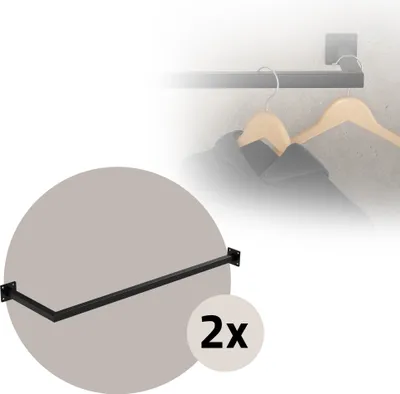 Produktbild von ML-Design 2er Set Kleiderstange Übereck für die Wand, 30x90 cm, Schwarz, aus Stahl, Garderobenstange L-Form, inkl. Montagematerial