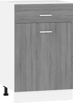 A white and gray kitchen cabinet with a drawer and a door.