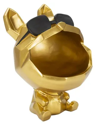 Produktbild von Skulptur Hund Schlüsselschale aus goldenem Kunstharz mit schwarzer Brille