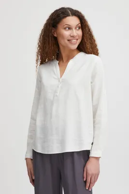 Produktbild von OXMO OXANJA Damen Bluse aus Leinenmix Shirt Langarm klassisch mit V-Ausschnitt und Knöpfen Regular Fit und Knöpfbare Ärmel