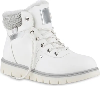 Produktbild von VAN HILL Damen Warm Gefüttert Worker Boots Stiefelette Strick Winter Schuhe 841486, Farbe: Weiß, Größe: 38