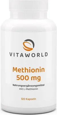 Zdjęcie produktu dla Vitaworld Methionine 500 mg | 120 kapsułek | 1000 mg L-metioniny na dzienne spożycie | wegańskie