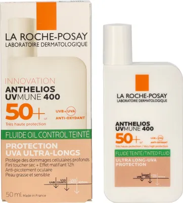 A product shot of La Roche-Posay Anthelios UVMUNE 400 Oil Control Tinted Fluid SPF 50+ and its packaging.