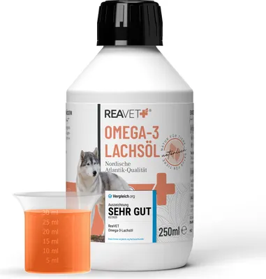 Obrázok produktu pre REAVET lososový olej pre psov a mačky 250ml - bohatý na omega 3 a 6, rybí olej pre psov s vysokou dávkou I originálna kvalita krmiva bez prídavných látok I čerstvo plnené v Nemecku