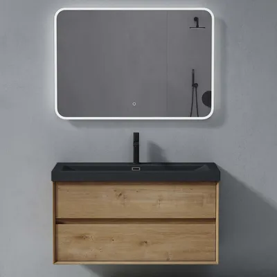 Image de doporro Meuble de Salle de Bains Marron Clair Ensemble de 3 Pièces Meuble avec Lavabo et Miroir LED Meuble sous-lavabo Suspendu 100cm avec Soft-close Design Rimo