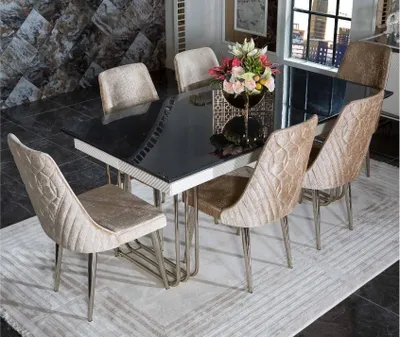 Produktbild von Schwarz-Weißer Esszimmer Glastisch Designer Textilstühle Esszimmermöbel