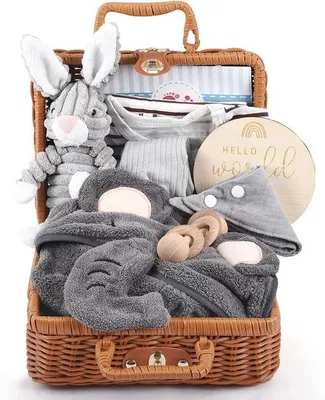 Produktbild von Unyqoos® 9‑in‑1 Baby-Geschenkset für Neugeborene – Komplettset mit Babydecke, Spucktuch, Rassel, Plüschspielzeug, Mütze, Socken & Handschuhe, neutrale Farben