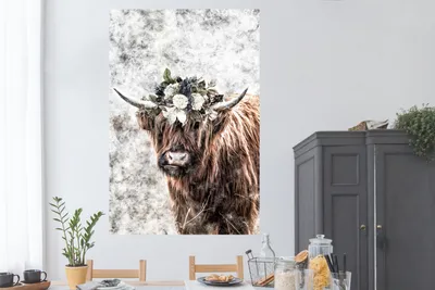 Produktbild von MuchoWow® Poster Schottisches Hochlandrind - Schwarz - Weiß - Blumen 120x180 cm - Kunstposter