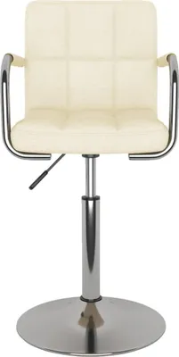 A cream-colored bar stool with a silver base and armrests, shown from the front against a white background.