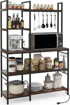 Produktbild von 5-stufiges Küchenregale, Mikrowellenständer mit Steckdosen, 10 S-förmigen Haken, 9 Bäckerregal, , 5-stöckige Kaffee-Bar mit 10 S-förmigen Haken, Braun