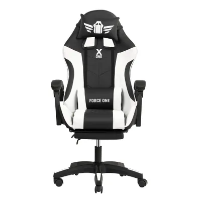 A gaming chair is shown from the front on a white background.