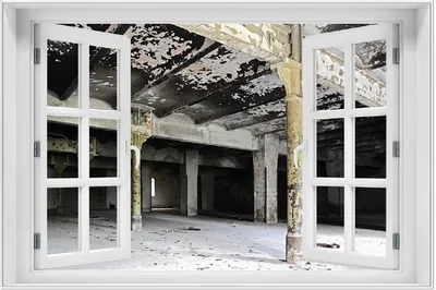 Produktbild von Wallario Wandbild mit Fenster-Illusion: Verlasse Brauerei - Alte Industriehalle, Größe: 61 x 91,5 cm, Poster mit weißem Aluminiumrahmen