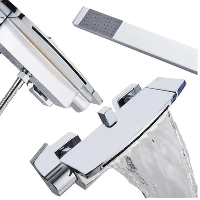 Immagine prodotto di Rubinetto lavabo bagno Ari a parete, miscelatore monocomando in ottone, cartuccia Vetroceramica, beccuccio a cascata, cromo