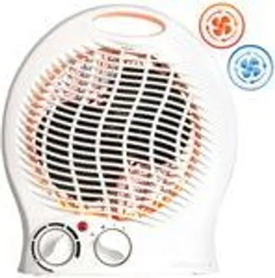 A white electric heater with two control knobs and indicator lights, shown against a white background. Two circular icons, one orange and one blue, are visible in the upper right corner, indicating heating and cooling functions.