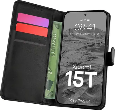 A black flip case for a Xiaomi 15T phone, showing the phone screen with the time and date, and the inside of the case with slots for cards and a bill.