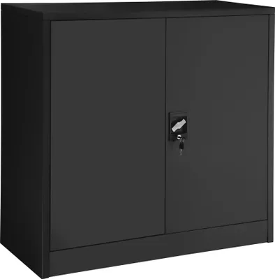 A black metal filing cabinet with two doors and a lock.