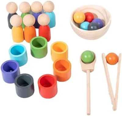 Produktbild von Regenbogen Bälle in Tassen, Montessori Spielzeug für Kleinkinder, für 1 2 3Jahr, Vorschule, Holzspiele zum Lernen, Farbsortieren und Zählen (7-Farben)
