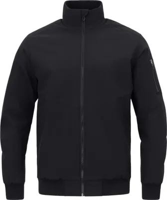 A black bomber jacket is shown front-on against a white background.