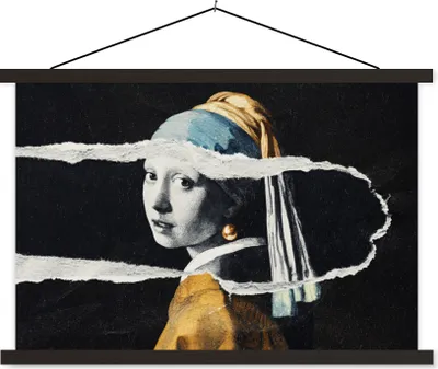 Produktbild von MuchoWow® Textilposter Mädchen mit Perlenohrring - Gold - Vermeer - Schwarz - Weiß 60x40 cm mit schwarzem Rahmen - Hölzernes