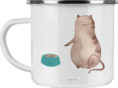 Produktbild von Mr. & Mrs. Panda Emaille Tasse Katze Fressen - Weiß - Geschenk, Teetasse, Pott, Haferl, Motivtasse