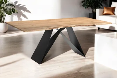 Produktbild von Baumkantentisch 175 x 90 cm Mick, Akazienholz naturfarben + massiv, echte Baumkante, Esstisch aus Massivholz, Esszimmertisch mit Butterfly-Metallgestell Schwarz