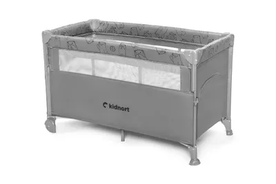 A gray travel crib with a patterned trim is shown against a white background.