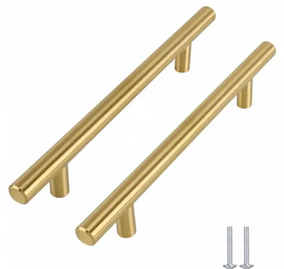 Produktbild von Set mit 5 Möbelgriffen in gebürstetem Gold, Küchenschrankgriffe aus goldfarbenem Edelstahl, 160 mm Lochabstand