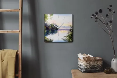 Produktbild von Coloray Hodiny Unikátní 30x30 cm  Tiché hodiny Pro obývací pokoj a kuchyň Nástěnné hodiny Plátno Bílé ručičky hodin - Jezero Sunset
