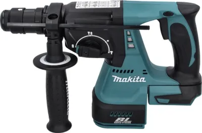 A studio shot of a Makita cordless rotary hammer drill.