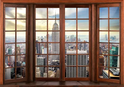 Obrázek produktu pro Netkaná fototapeta okno New York 3D efekt 368cmx254cm včetně vložení na stěnu okno pohled panorama města výhled metropole obývací pokoj ložnice tapeta netkaná tapeta nástěnná tapeta motiv tapety