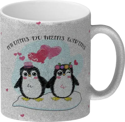 Produktbild von Pinguin Pärchen Glitzer-Kaffeebecher mit Spruch