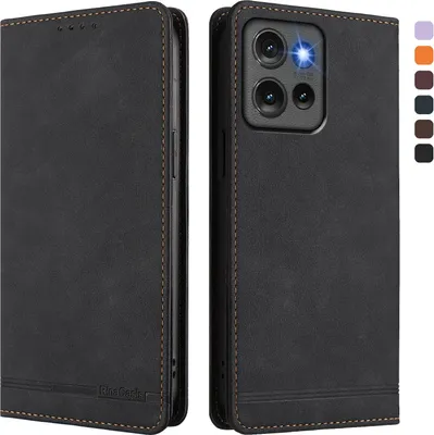 Produktbild von Hülle für Motorola Edge 50, Retro Kunstleder Ständer Klapphülle mit Kartenfächer und Magnetische Schwarz