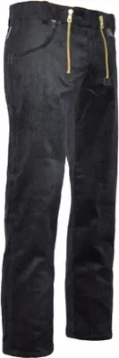 A pair of black trousers with gold zippers.