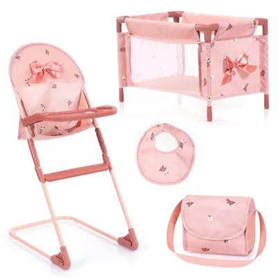 Produktbild von Bayer Design 63226AB Puppenhochstuhl, Puppenbett, Tasche, Latz, Puppenzubehör für Rollenspiele der Kinder, Spielset ab 3+ Jahren