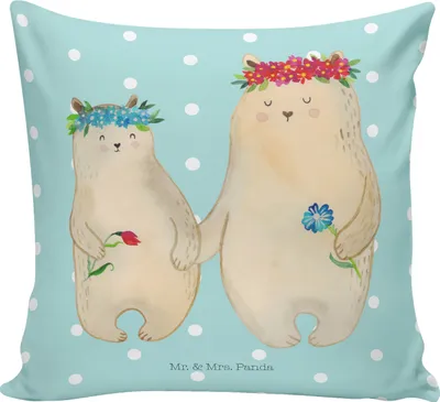 Produktbild von Mr. & Mrs. Panda kissen für sofa Bären mit Blumenkranz - Türkis Pastell - Geschenk, Dekokissen, zier, Muttertag, Mama, Familie, kuschelkissen 40x40, Tochter, Bär, Mutter