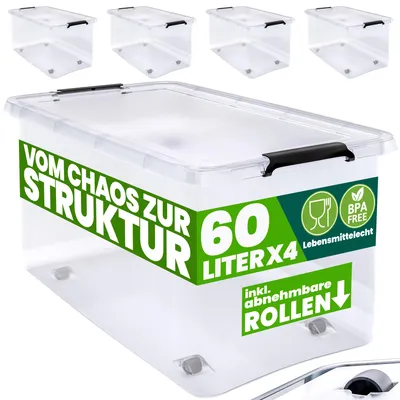 Immagine prodotto di DEUBA® 4x 60L Scatole in Plastica Trasparente Senza BPA Contenitori con Coperchio Impilabili Ruote Cassette Salvaspazio