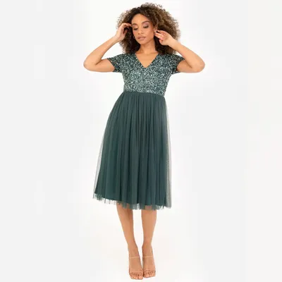 Produktbild von Maya Deluxe Damen Midi-Kleid mit V-Ausschnitt, Verziert Brautjungfernkleid, Emer
