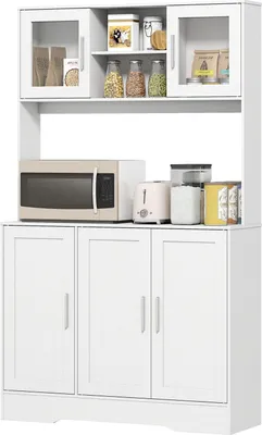 Produktbild von Küchenschrank, Skandinavisches Design, 4 Schränke, verstellbare Regale, Glastüren, offene Fläche, Spanplatte, MDF, Weiß