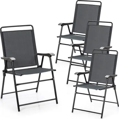 Four dark gray folding chairs are arranged on a white background.