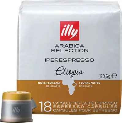 A package of Illy Iperespresso Ethiopia coffee capsules, with one capsule shown in the foreground.