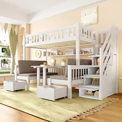 A children's bunk bed with a desk and seating area, set up in a bedroom.