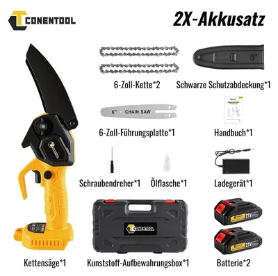 Produktbild von Mini Kettensäge Akku 21V Elektro Handkettensäge Astsäge Gartensäge 6 Zoll Schnittlänge 15 cm bürstenloser Motor 600 Watt mit Ladegerät 2 Batterie