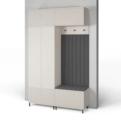 Produktbild von Garderoben-Set Ritmo Version 2 – gefräster Kleiderschrank mit hohen Füßen, Schuhschrank, Hängeschrank für den Flur (cashmere, Trinity 15)