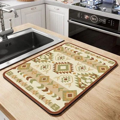 Produktbild von Abtropfmatte, Geschirr, schnell trocknend, saugfähig, Abtropfmatte, Kaffeemaschine, Abtropfmatte, Spülbecken, Trockenmatte für die Küche, im Indianerstil, 40 x 50 cm