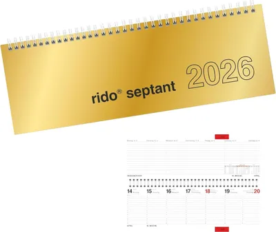 A golden desk calendar for the year 2026 with the brand name 'rido septant' printed on it, shown above a detailed view of its calendar pages.